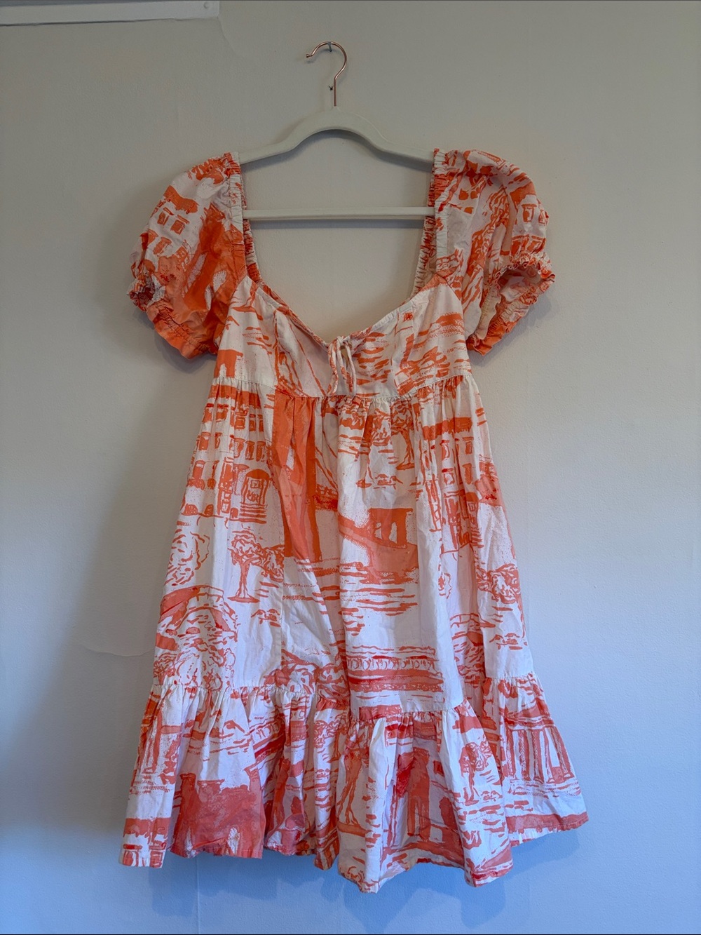 Urban Outfitters Orange and White Printed Puff-Sleeve Dress